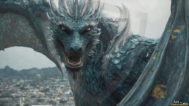 AI dragon fantasy art featuring colossal mythical beasts soaring over modern cities with breathtaking scale, detail and raw power.