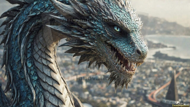 AI dragon fantasy art featuring colossal mythical beasts soaring over modern cities with breathtaking scale, detail and raw power.