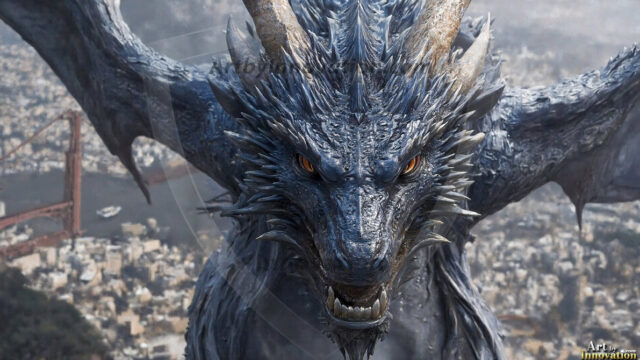 AI dragon fantasy art featuring colossal mythical beasts soaring over modern cities with breathtaking scale, detail and raw power.