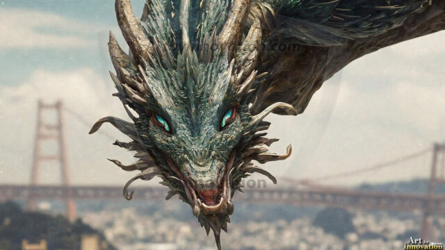 AI dragon fantasy art featuring colossal mythical beasts soaring over modern cities with breathtaking scale, detail and raw power.