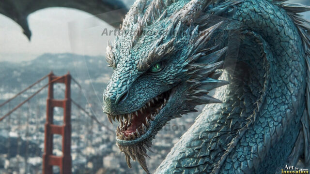 AI dragon fantasy art featuring colossal mythical beasts soaring over modern cities with breathtaking scale, detail and raw power.