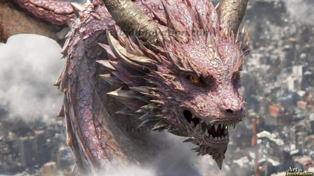 AI dragon fantasy art featuring colossal mythical beasts soaring over modern cities with breathtaking scale, detail and raw power.