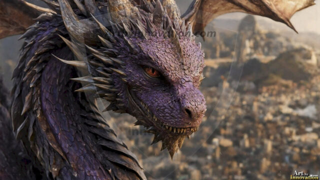 AI dragon fantasy art featuring colossal mythical beasts soaring over modern cities with breathtaking scale, detail and raw power.