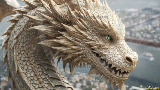 AI dragon fantasy art featuring colossal mythical beasts soaring over modern cities with breathtaking scale, detail and raw power.