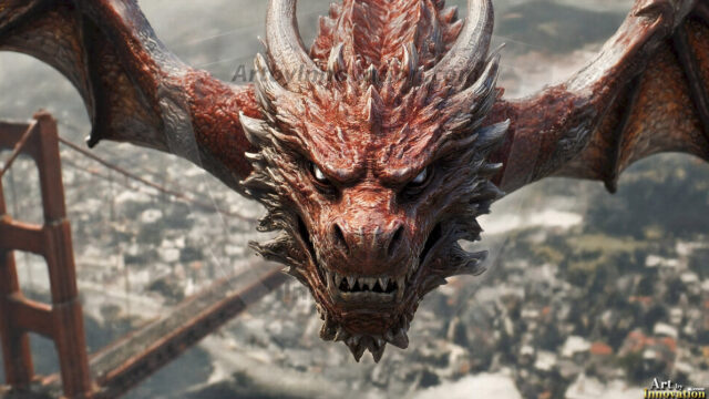 AI dragon fantasy art featuring colossal mythical beasts soaring over modern cities with breathtaking scale, detail and raw power.