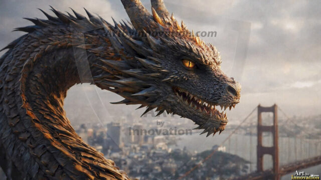 AI dragon fantasy art featuring colossal mythical beasts soaring over modern cities with breathtaking scale, detail and raw power.