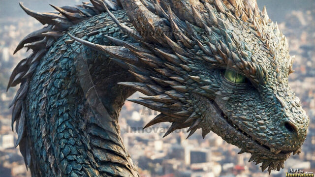 AI dragon fantasy art featuring colossal mythical beasts soaring over modern cities with breathtaking scale, detail and raw power.