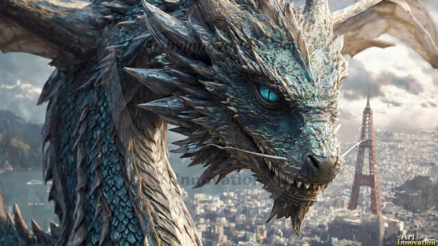 AI dragon fantasy art featuring colossal mythical beasts soaring over modern cities with breathtaking scale, detail and raw power.