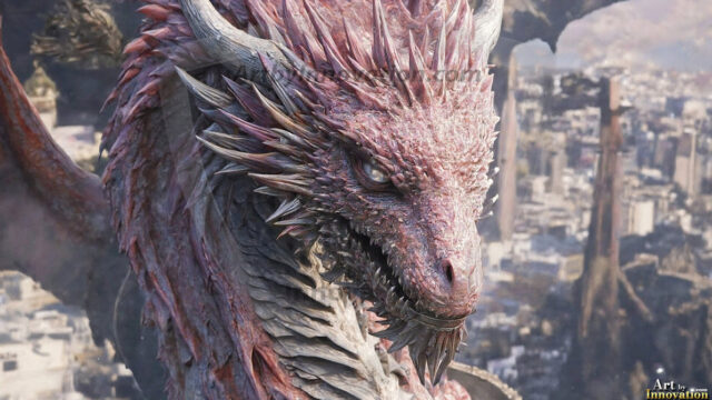 AI dragon fantasy art featuring colossal mythical beasts soaring over modern cities with breathtaking scale, detail and raw power.