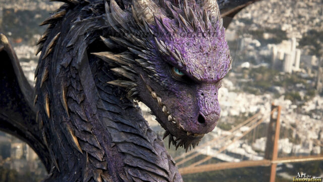 AI dragon fantasy art featuring colossal mythical beasts soaring over modern cities with breathtaking scale, detail and raw power.