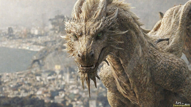 AI dragon fantasy art featuring colossal mythical beasts soaring over modern cities with breathtaking scale, detail and raw power.