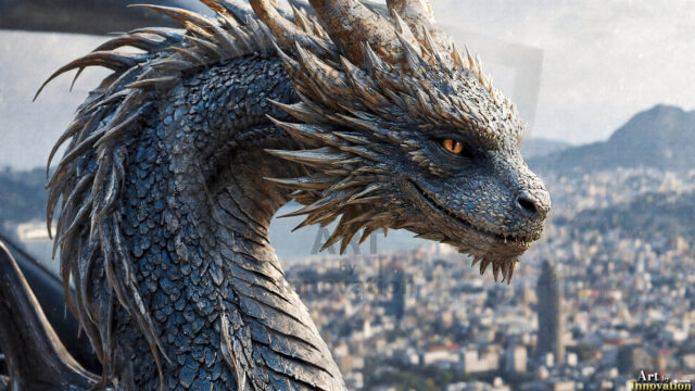 AI dragon fantasy art featuring colossal mythical beasts soaring over modern cities with breathtaking scale, detail and raw power.