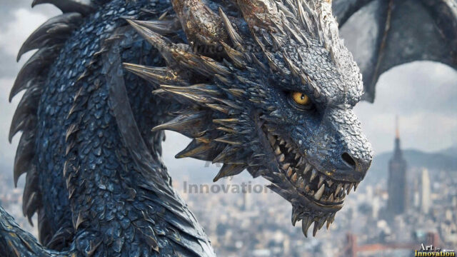 AI dragon fantasy art featuring colossal mythical beasts soaring over modern cities with breathtaking scale, detail and raw power.