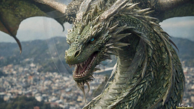 AI dragon fantasy art featuring colossal mythical beasts soaring over modern cities with breathtaking scale, detail and raw power.