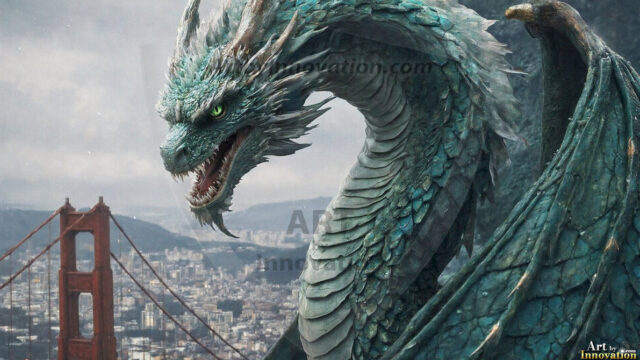 AI dragon fantasy art featuring colossal mythical beasts soaring over modern cities with breathtaking scale, detail and raw power.