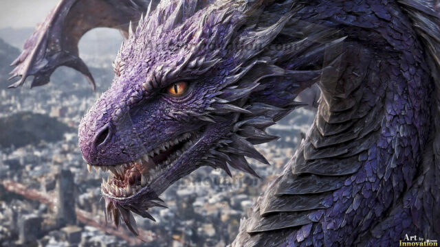 AI dragon fantasy art featuring colossal mythical beasts soaring over modern cities with breathtaking scale, detail and raw power.