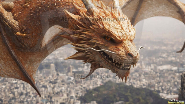 AI dragon fantasy art featuring colossal mythical beasts soaring over modern cities with breathtaking scale, detail and raw power.