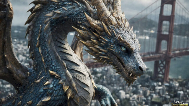 AI dragon fantasy art featuring colossal mythical beasts soaring over modern cities with breathtaking scale, detail and raw power.