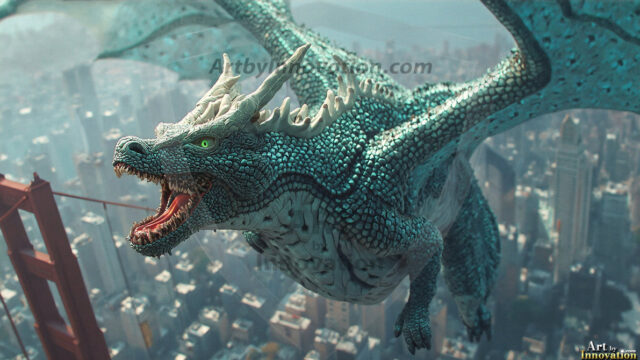 AI dragon fantasy art featuring colossal mythical beasts soaring over modern cities with breathtaking scale, detail and raw power.