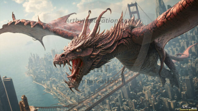 AI dragon fantasy art featuring colossal mythical beasts soaring over modern cities with breathtaking scale, detail and raw power.