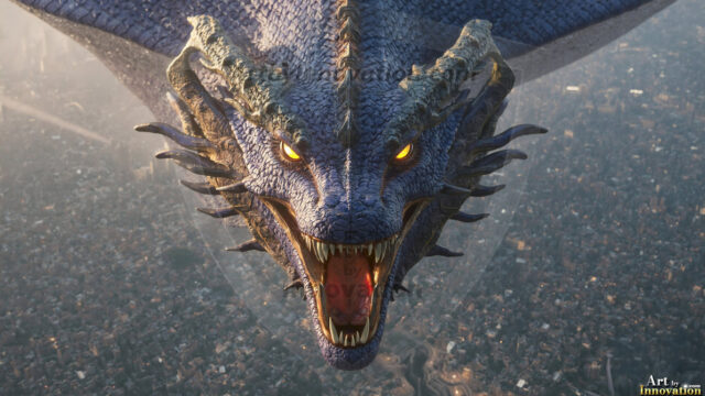 AI dragon fantasy art featuring colossal mythical beasts soaring over modern cities with breathtaking scale, detail and raw power.