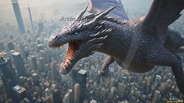 AI dragon fantasy art featuring colossal mythical beasts soaring over modern cities with breathtaking scale, detail and raw power.