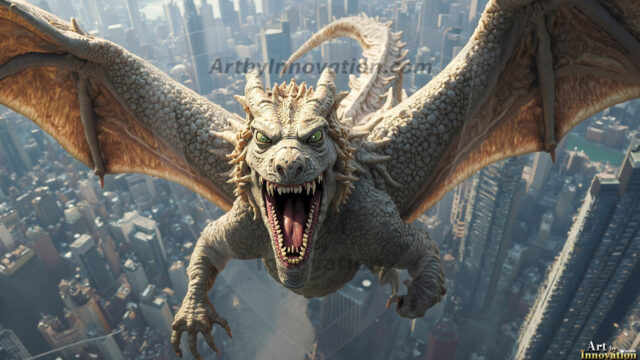 AI dragon fantasy art featuring colossal mythical beasts soaring over modern cities with breathtaking scale, detail and raw power.