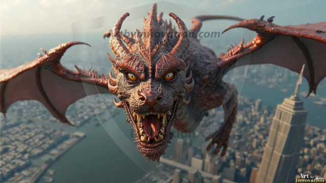AI dragon fantasy art featuring colossal mythical beasts soaring over modern cities with breathtaking scale, detail and raw power.