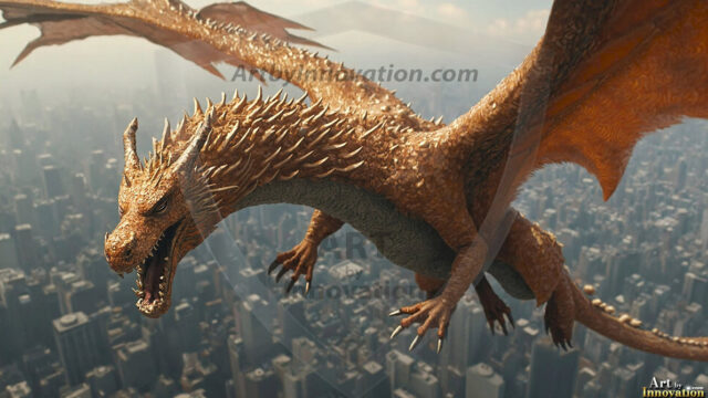 AI dragon fantasy art featuring colossal mythical beasts soaring over modern cities with breathtaking scale, detail and raw power.