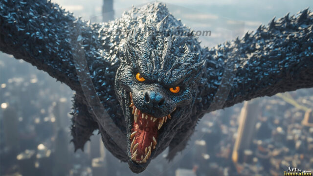 AI dragon fantasy art featuring colossal mythical beasts soaring over modern cities with breathtaking scale, detail and raw power.