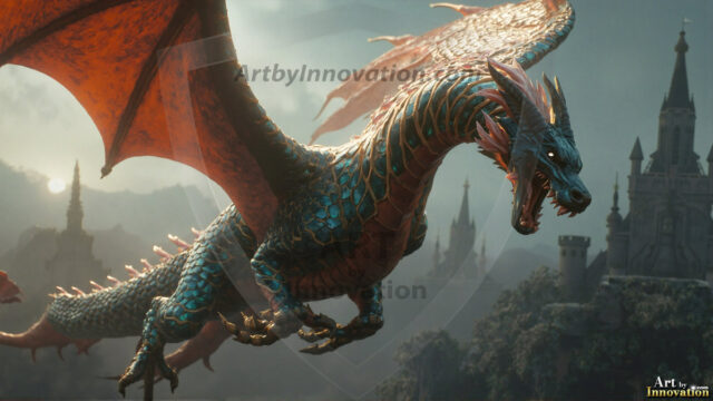 AI dragon fantasy art featuring colossal mythical beasts soaring over modern cities with breathtaking scale, detail and raw power.