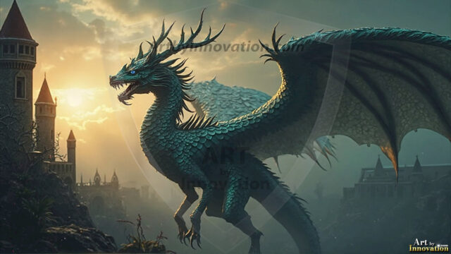 AI dragon fantasy art featuring colossal mythical beasts soaring over modern cities with breathtaking scale, detail and raw power.