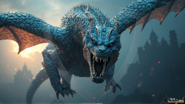 AI dragon fantasy art featuring colossal mythical beasts soaring over modern cities with breathtaking scale, detail and raw power.