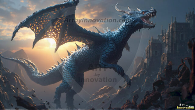 AI dragon fantasy art featuring colossal mythical beasts soaring over modern cities with breathtaking scale, detail and raw power.