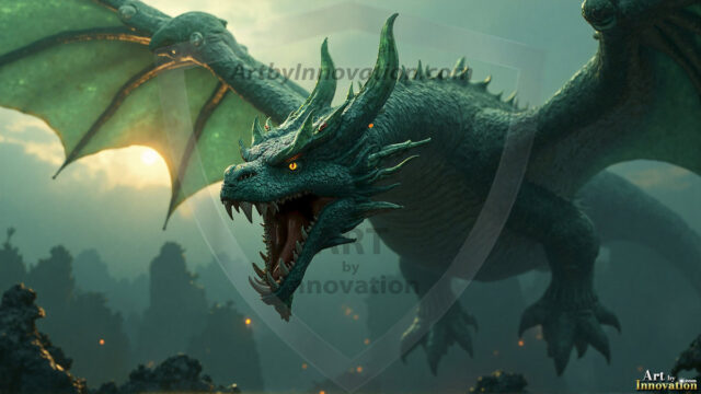 AI dragon fantasy art featuring colossal mythical beasts soaring over modern cities with breathtaking scale, detail and raw power.