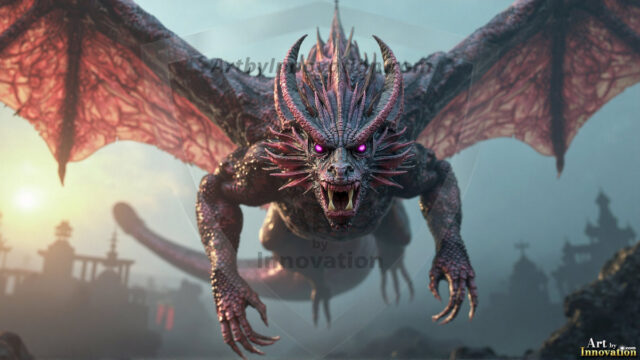AI dragon fantasy art featuring colossal mythical beasts soaring over modern cities with breathtaking scale, detail and raw power.