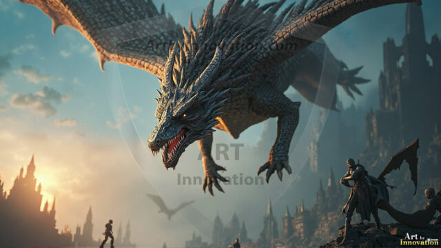 AI dragon fantasy art featuring colossal mythical beasts soaring over modern cities with breathtaking scale, detail and raw power.