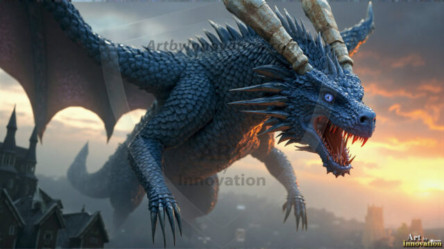 AI dragon fantasy art featuring colossal mythical beasts soaring over modern cities with breathtaking scale, detail and raw power.