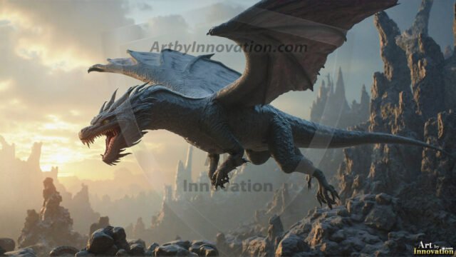 AI dragon fantasy art featuring colossal mythical beasts soaring over modern cities with breathtaking scale, detail and raw power.