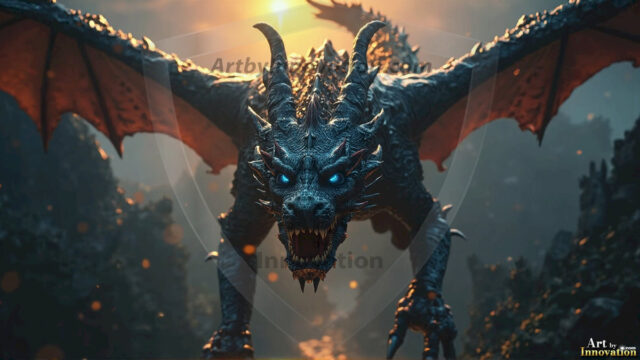 AI dragon fantasy art featuring colossal mythical beasts soaring over modern cities with breathtaking scale, detail and raw power.