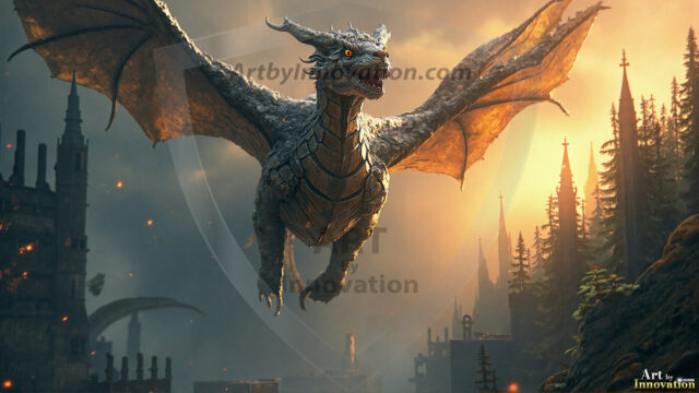 AI dragon fantasy art featuring colossal mythical beasts soaring over modern cities with breathtaking scale, detail and raw power.