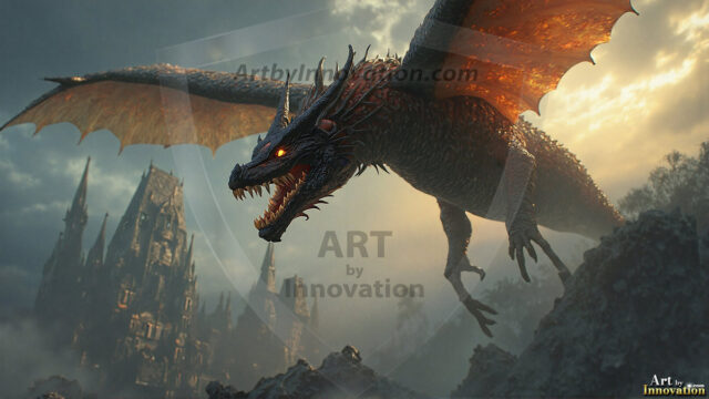 AI dragon fantasy art featuring colossal mythical beasts soaring over modern cities with breathtaking scale, detail and raw power.