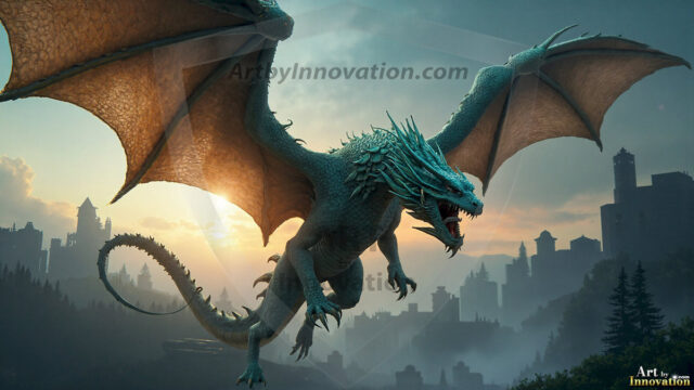AI dragon fantasy art featuring colossal mythical beasts soaring over modern cities with breathtaking scale, detail and raw power.