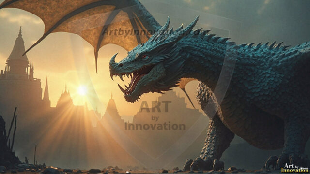 AI dragon fantasy art featuring colossal mythical beasts soaring over modern cities with breathtaking scale, detail and raw power.