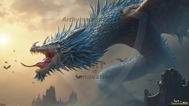 AI dragon fantasy art featuring colossal mythical beasts soaring over modern cities with breathtaking scale, detail and raw power.