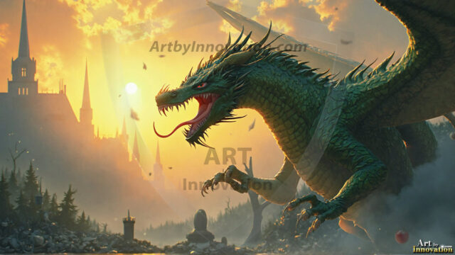 AI dragon fantasy art featuring colossal mythical beasts soaring over modern cities with breathtaking scale, detail and raw power.