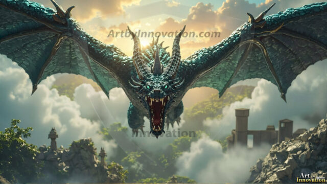 AI dragon fantasy art featuring colossal mythical beasts soaring over modern cities with breathtaking scale, detail and raw power.