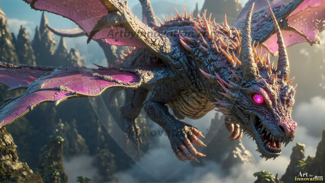 AI dragon fantasy art featuring colossal mythical beasts soaring over modern cities with breathtaking scale, detail and raw power.