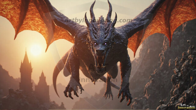 AI dragon fantasy art featuring colossal mythical beasts soaring over modern cities with breathtaking scale, detail and raw power.