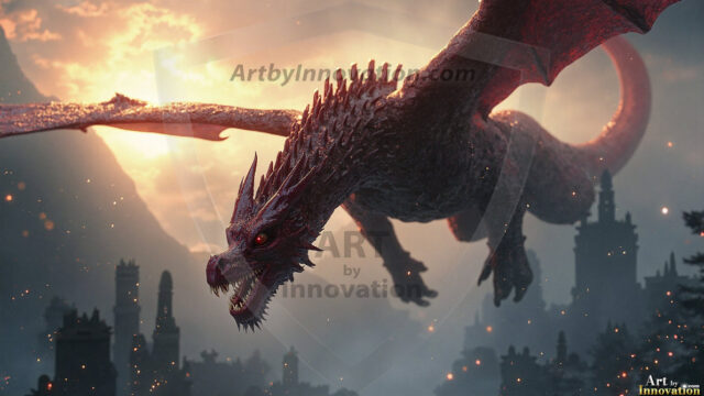 AI dragon fantasy art featuring colossal mythical beasts soaring over modern cities with breathtaking scale, detail and raw power.
